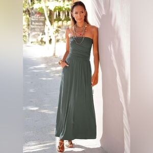 LASCANA Strapless Flowy Olive Dress With Pockets Size LARGE NWT